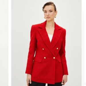 LC Waikiki Vision Women's Blazer Tweed Jacket Chanel vibe Double breasted Red S
